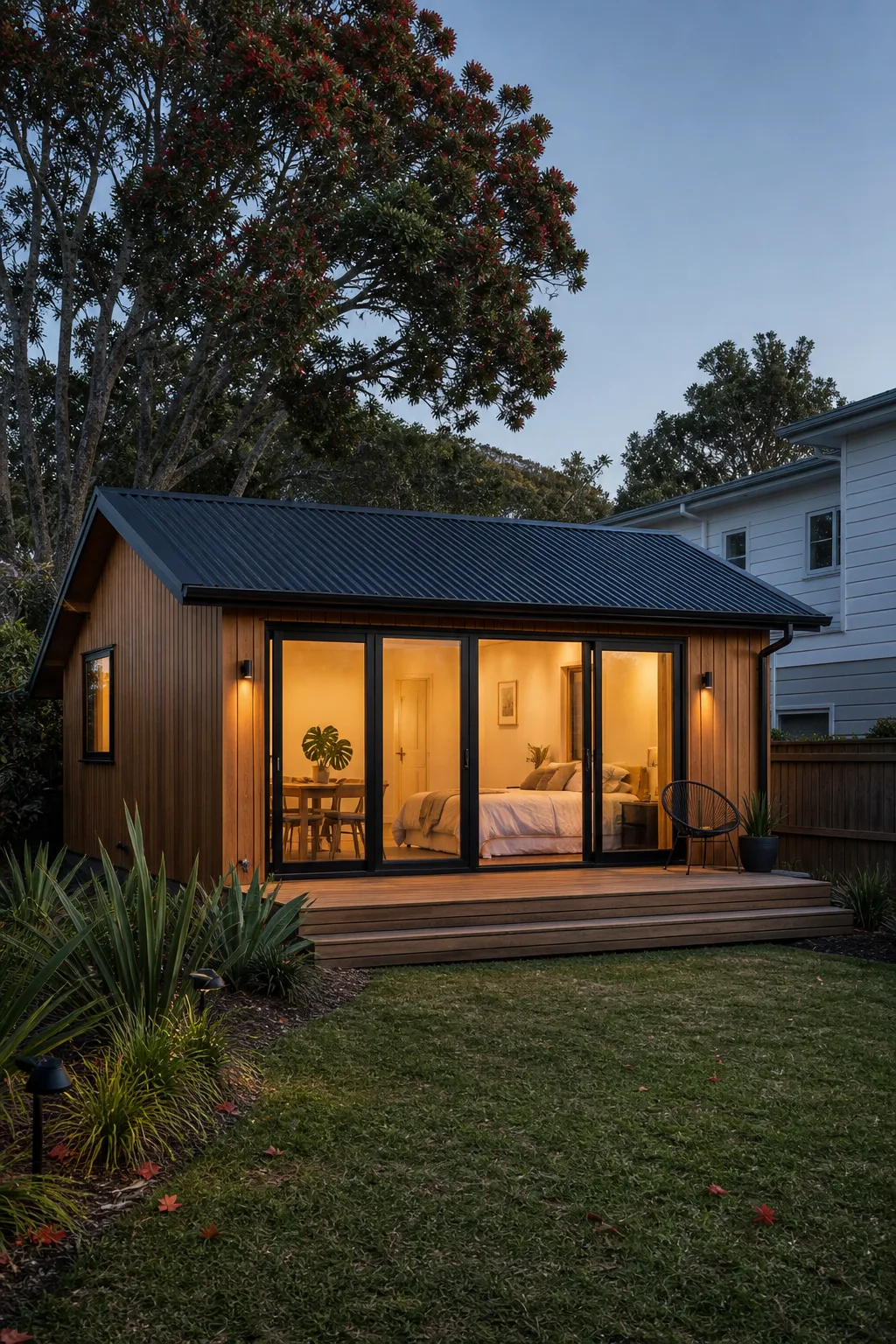 Warm cedar granny flat under a flowering pōhutukawa tree
