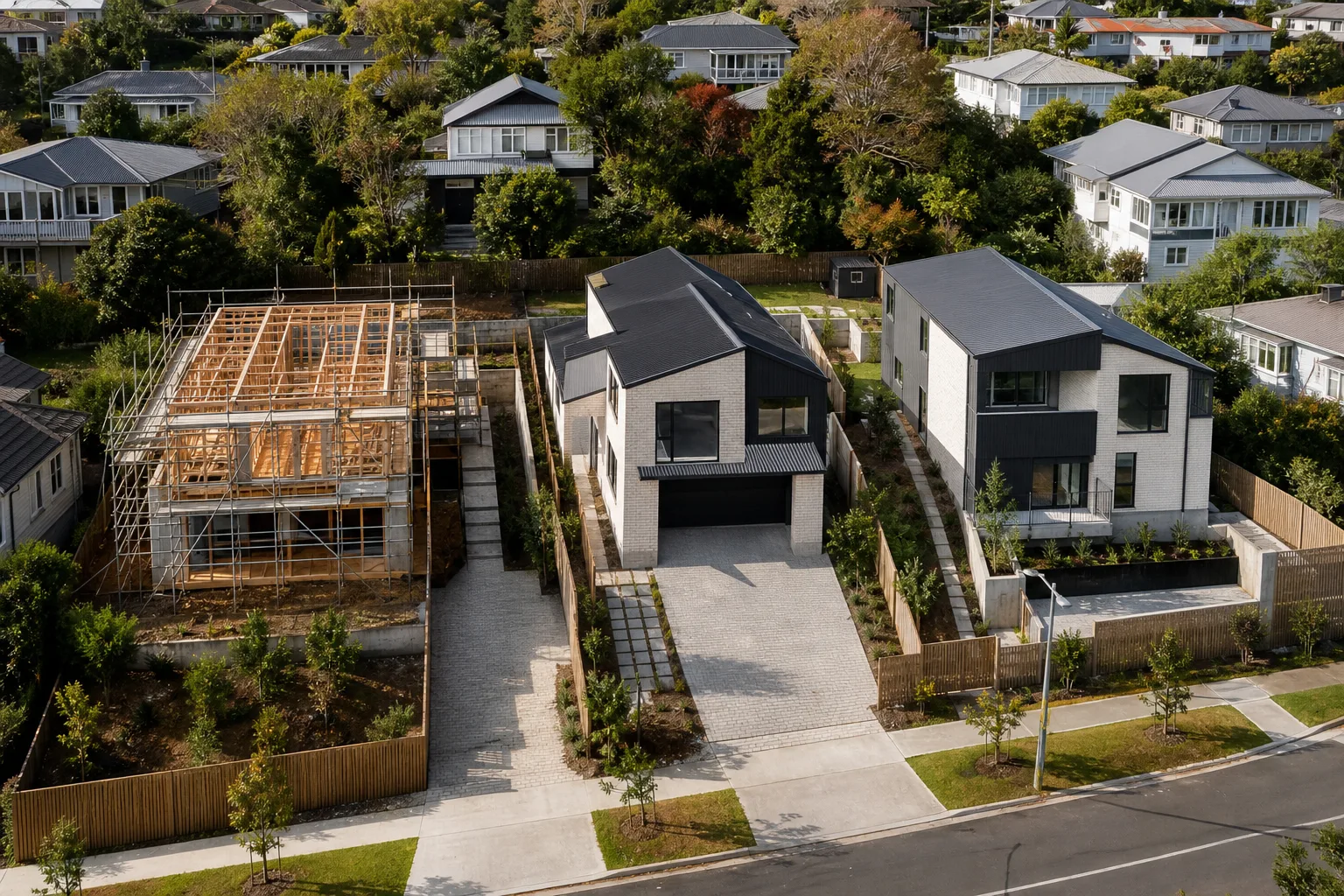 Three-home Auckland residential subdivision at different stages of construction