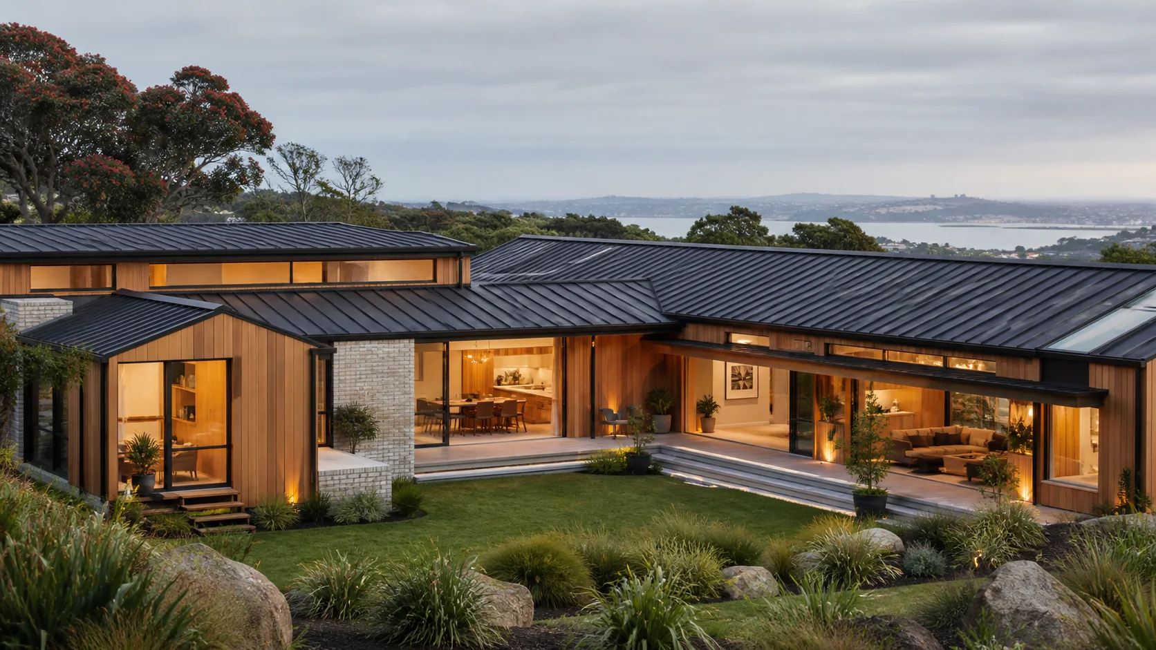 Contemporary cedar and brick Auckland home overlooking the harbour