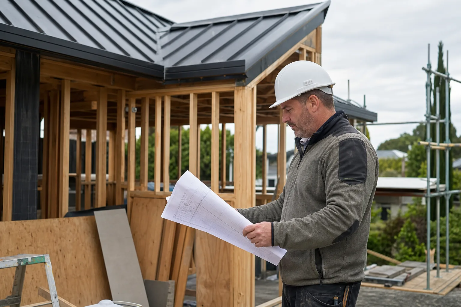 Keystone-style project manager reviewing building plans on site